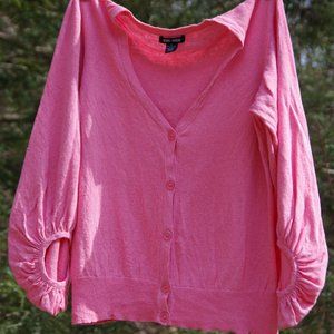 Size L Linen/Cotton Puff Sleeve Spring + Mercer Rose Pink Cardigan Sweater